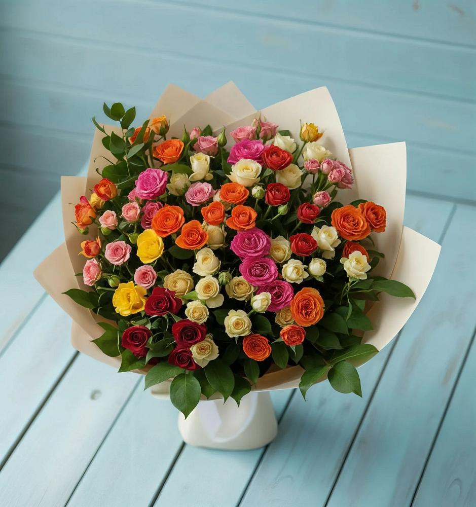 Букет Микс из разноцветных кустовых роз в Ладушкине