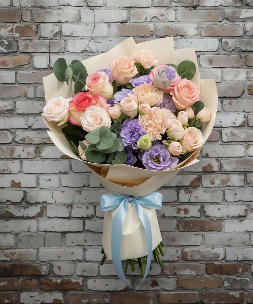 Букет цветов из: Розы, Лизиантусы и Гвоздики в Ладушкине