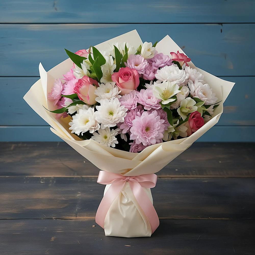 Букет цветов из: Хризантемы, Альстромерии и Розы в Ладушкине